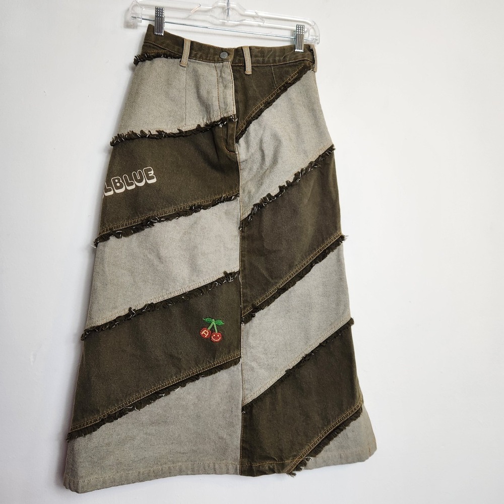 Rare Angel Blue Y2K Patchwork Denim Maxi Skirt Raw Hem Japanese Harajuku 24 XS